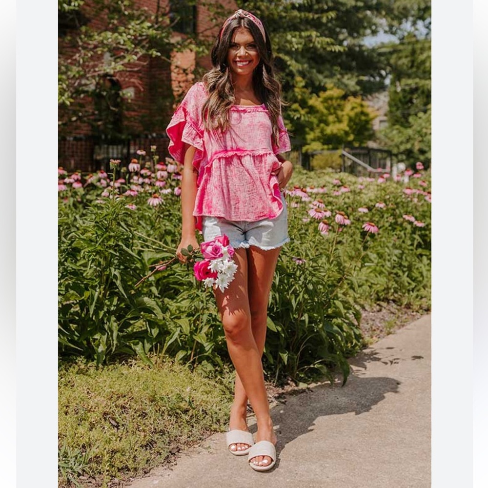 Bibi | Mineral Wash Gauze Ruffle Blouse Deep Square Neck Hot Pink Raw Frayed - Picture 5 of 14